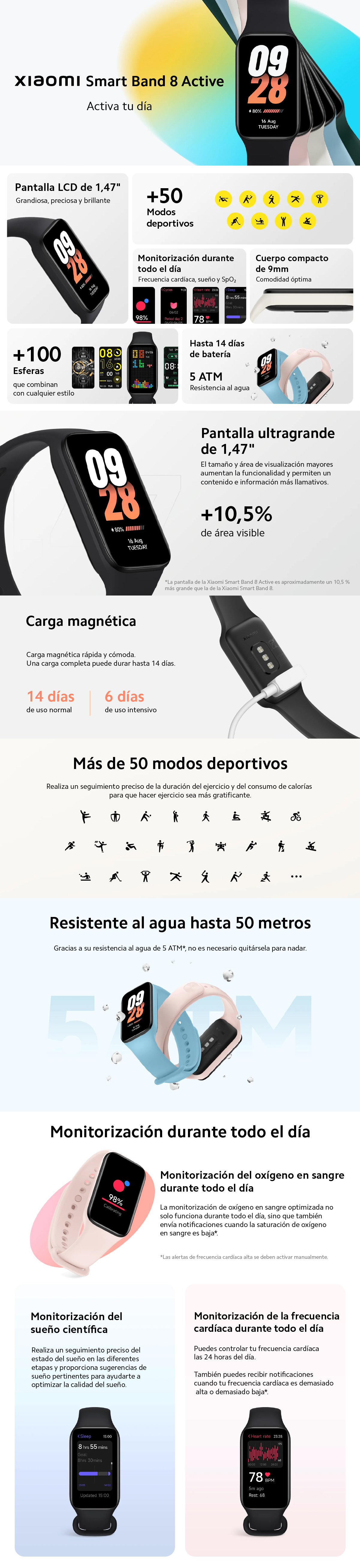 MONITOR DE ACTIVIDAD XIAOMI SMART BAND 8 ACTIVE + CAJA Y CARGADOR